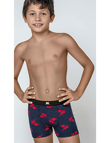 Boxer de niño algodón y lycra. Estampado Dragones, elástico liso negro T6/12 BAKHOU